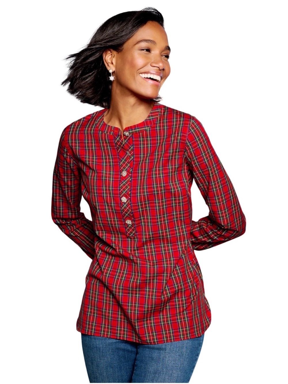Talbots Red Plaid Tunic with Contrast Green and Navy Lines